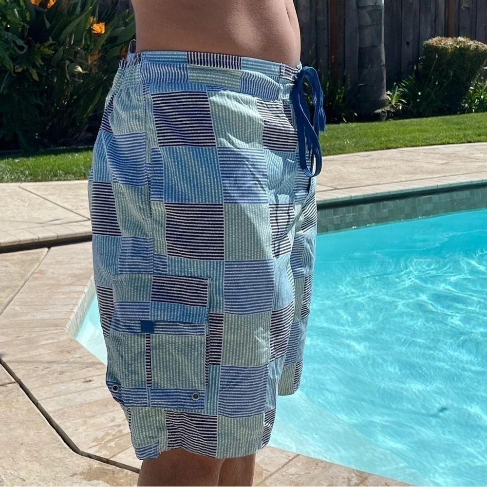 NWT Club Room M & XL Aquamarine Plaid Striped Swim Trunks MT0